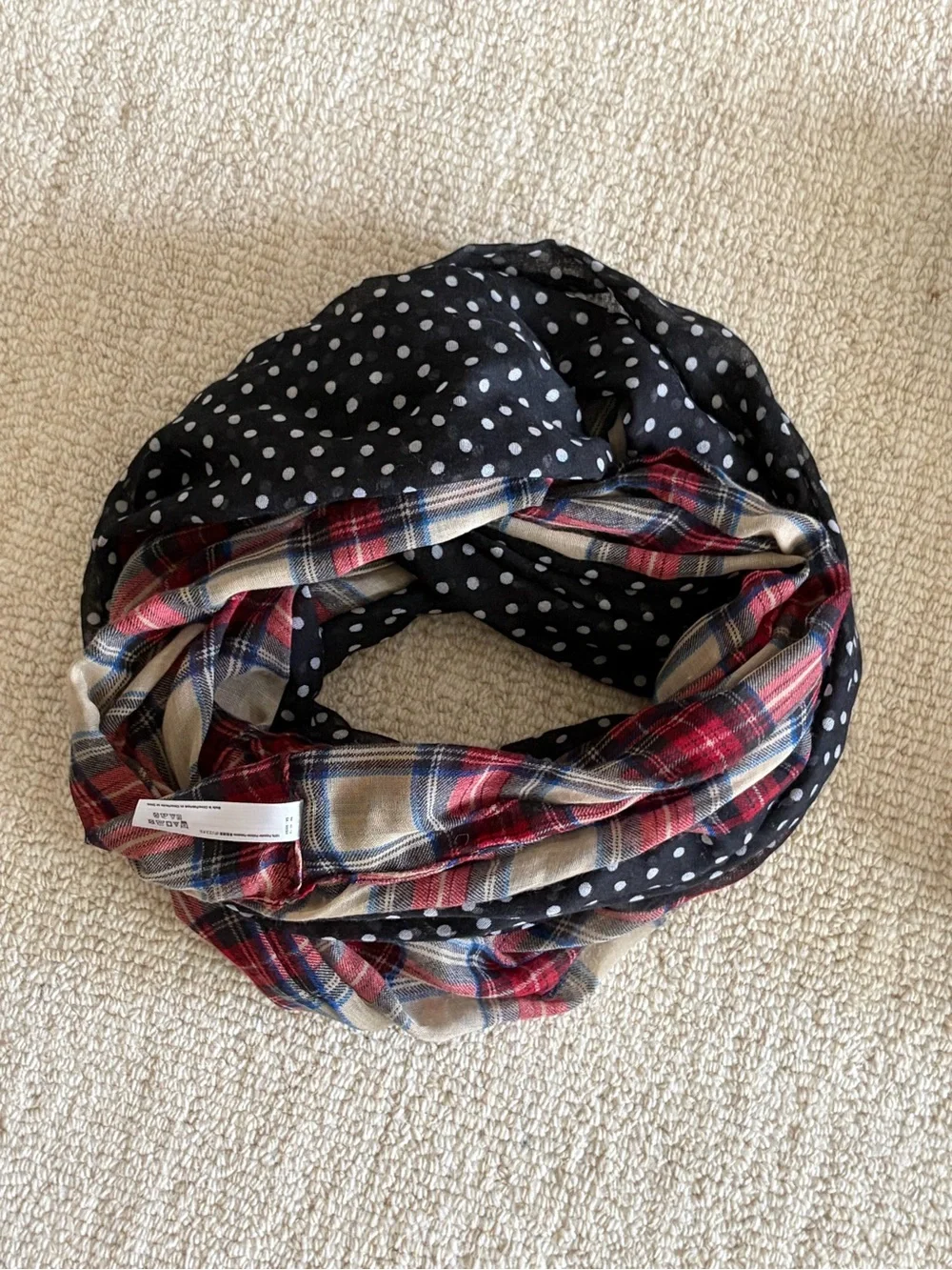 Anthropologie- Navy Polka Dot & Red Plaid Lightweight Women's Infinity Scarf